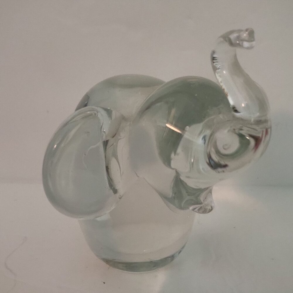 Vintage Art Glass Transparent Crystal Elephant Trunk Up Figurine Paperweight